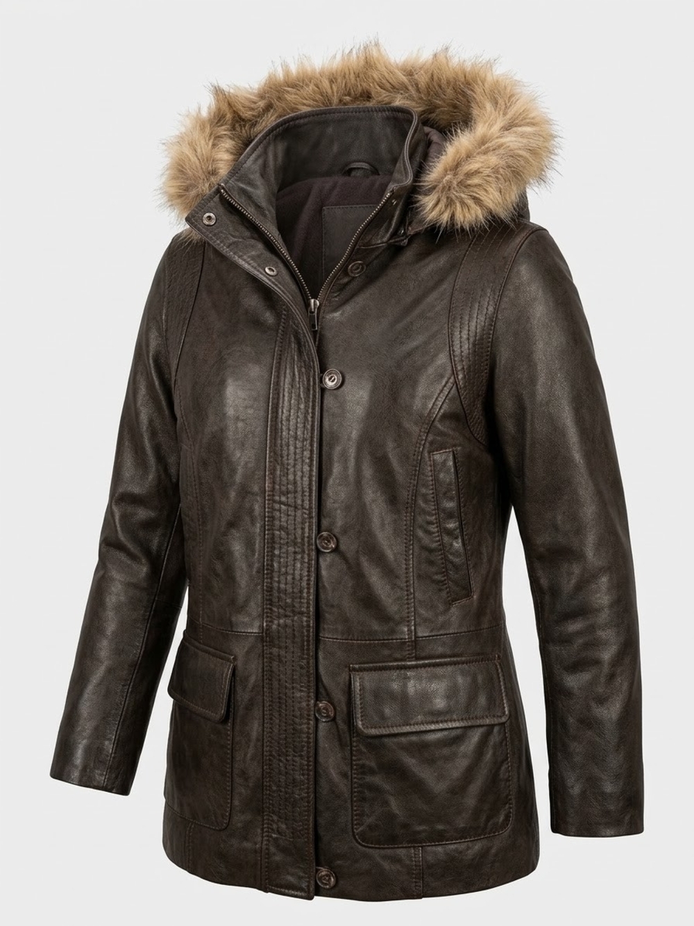 DANIER Genuine Leather Hooded Parka Jacket Faux Fur Trim Dark Brown Women XS